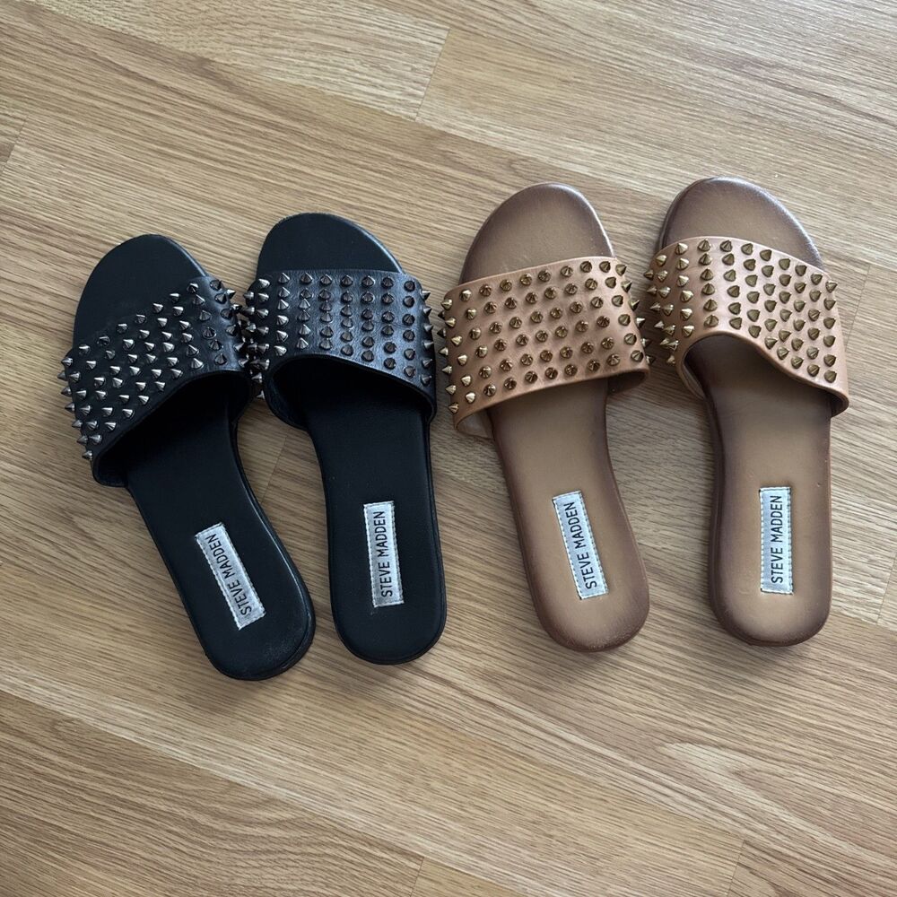 Steve Madden Farryn Flat Stud Sandal Black And Cognac Lot 8.5